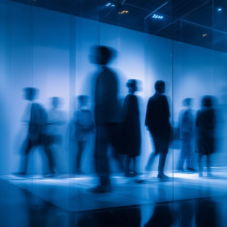 Figures moving behind a blue-lit glass wall, captured in long exposure