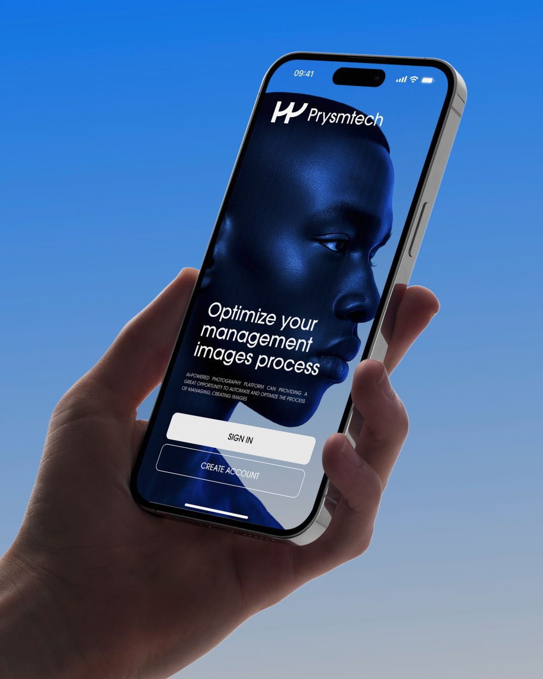 Hand holding a phone showing a branded app screen